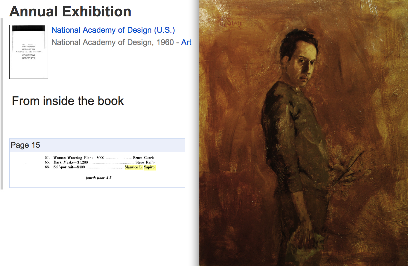 My "Self Portrait" was selected for the National Academy of Design Annual Exhibition, 1960.